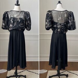 Black Blouson Top Pouf Sleeve Midi Dress L